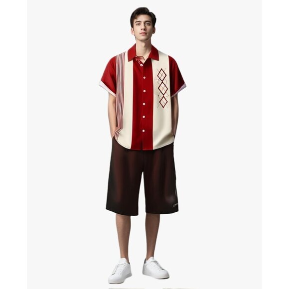 ❤️Men Red Print Short Sleeve Hawaiian Fit Casual Button Down Beach Shirts - Picture 4 of 7